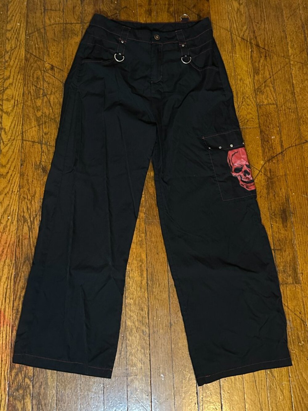 Black Wide Leg Pants with Red Skull